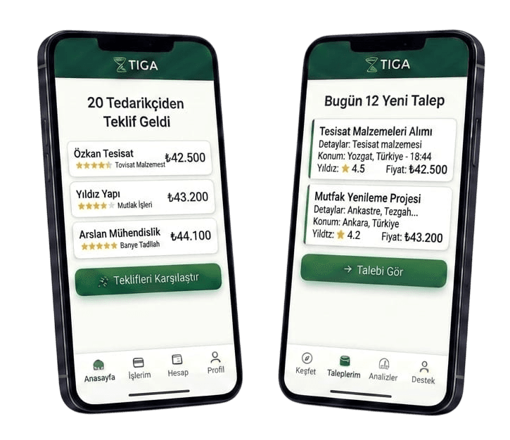 TİGA mobil uygulama ekranları